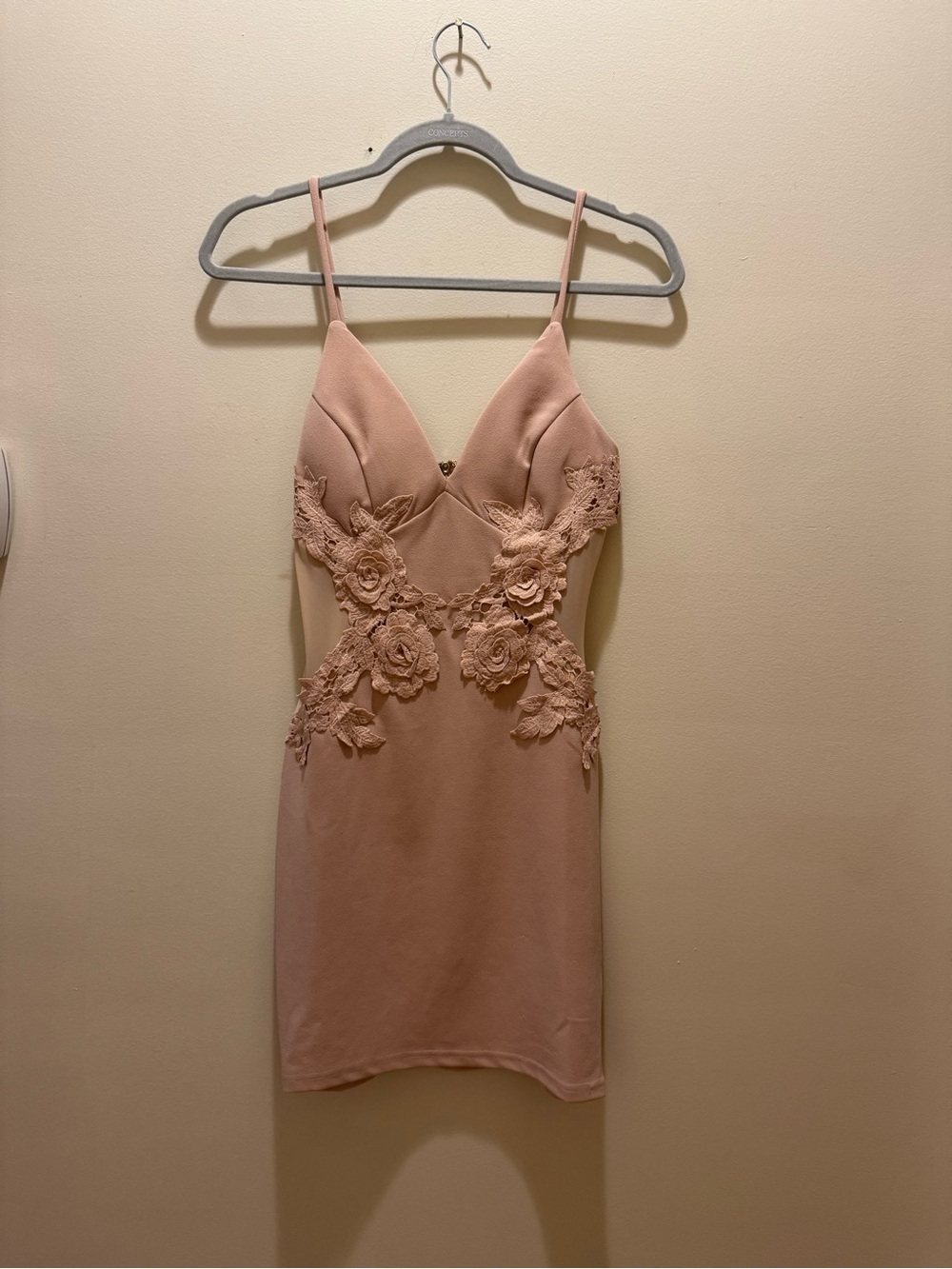 Fashion Nova Blush Nude V-Neck Bodycon Dress intricate floral appliqué